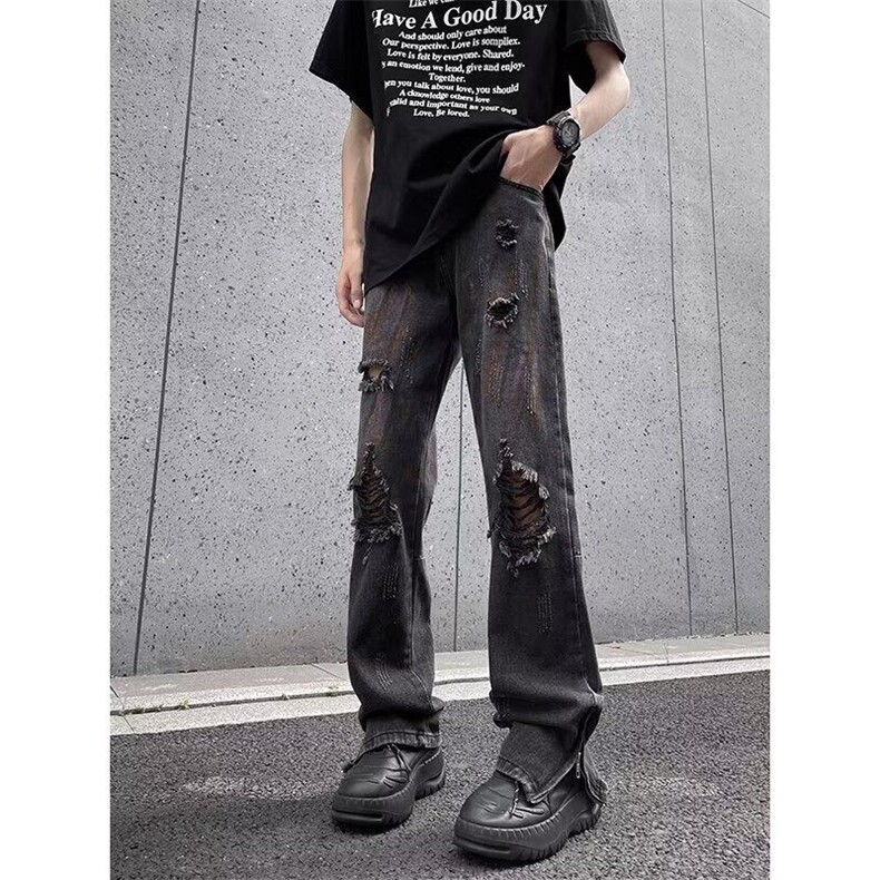 D1098-P48涂鸦破洞牛仔裤男夏季设计感裤高街痞帅美式直筒裤,男装牛仔裤,星座603-2