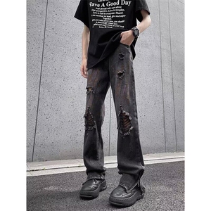 D1098-P48涂鸦破洞牛仔裤男夏季设计感裤高街痞帅美式直筒裤图片