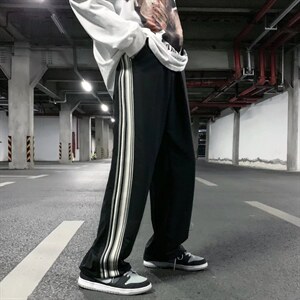 男春季高品质美式ins炸街条纹运动裤直筒宽松垂感休闲长裤Z32P35图片
