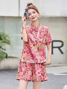 新中式国风印花套装女2025夏新款气质减龄复古盘扣上衣短裤两件套图片