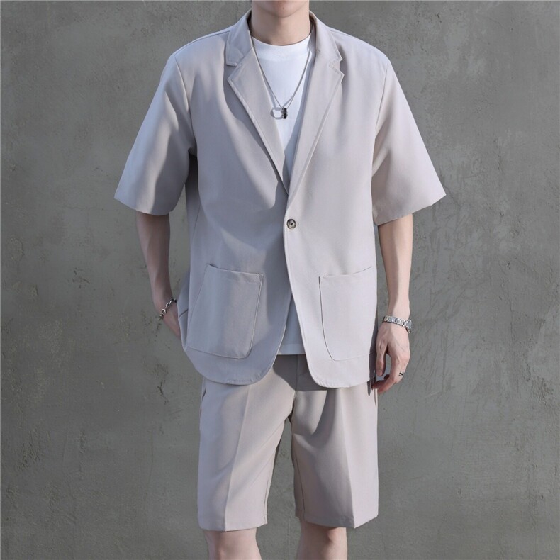 轻熟风七分袖休闲西装男套装夏宽松中袖男士西服两件套W6590-P82,男装西服,星座412-2