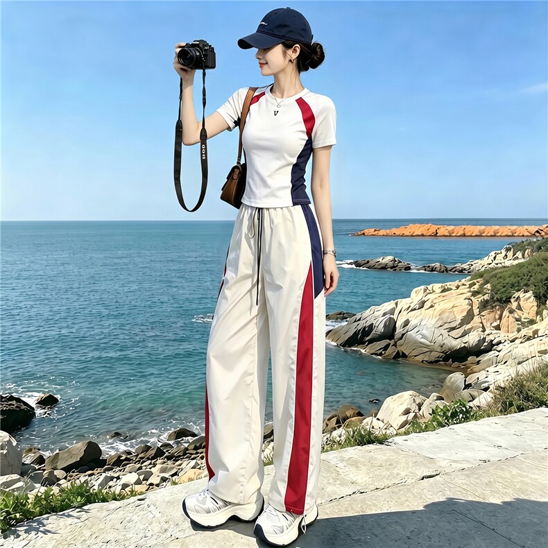 潮流时尚休闲运动套装女夏季新款显瘦竖纹圆领短袖上衣长裤两件套,女装套装/套裙,江南