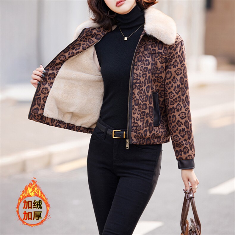 高端欧货2024新款麂皮拼接皮毛一体加绒加厚机车服豹纹外套女冬，女装皮衣，江南女神