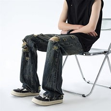 B221美式ins高街暗黑小众夏季重工艺破洞牛仔裤LK24178-P65控88，男装牛仔裤，电商B221