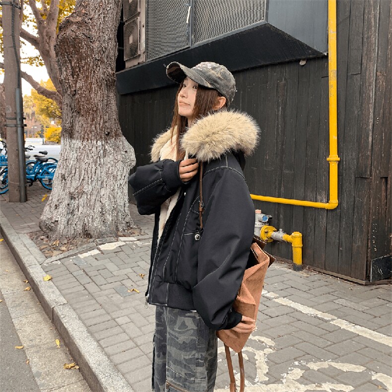 现货重磅boxy短款棉衣座山雕大毛毛领男女棉服水洗工装厚外套,男装棉衣,电商A486