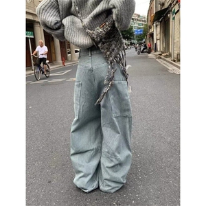 宽松型青少年直筒常规秋冬竖条纹明线牛仔裤男女长裤纯色夏季中腰图片