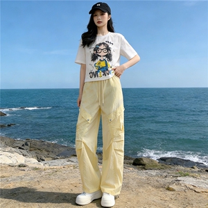 甜美时尚休闲套装女夏季新款圆领卡通印花T恤宽松工装长裤两件套图片