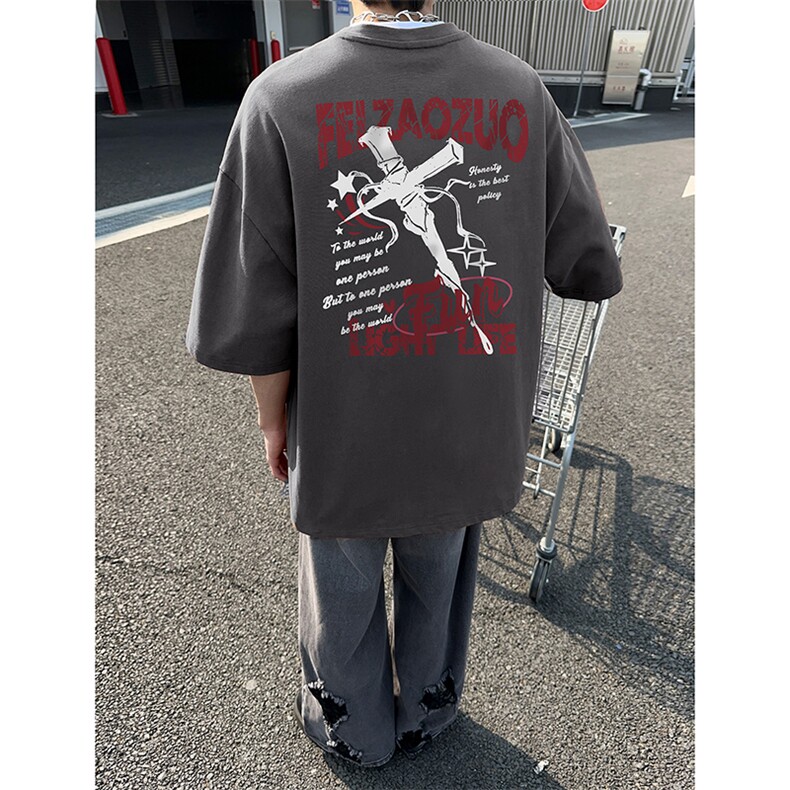 港风纯棉印花T恤XT5541-TP25控价38美式宽松印花T恤五分袖短袖,男装T恤,电商A102-1