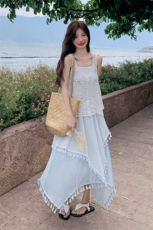 夏日出游穿搭套装裙女2025年新款超好看镂空罩衫吊带半身裙三件套，女装套装/套裙，2C133