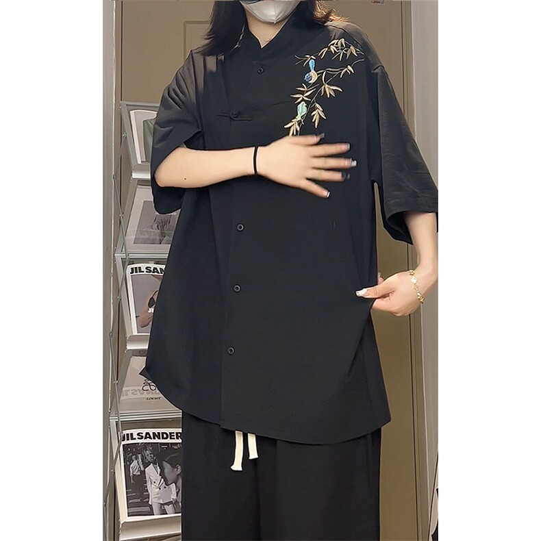 新中式风复古刺绣短袖T恤男立领盘扣风透气上衣T3521-特价P43,男装T恤,电商A007