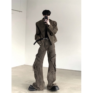 1506-1/JS1991/P93美拉德水洗做旧牛仔套装男小众设计古垫肩牛仔图片