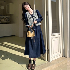 2026新款法式泡泡袖牛仔连衣裙+蕾丝马甲，女装连衣裙，纯色衣恋