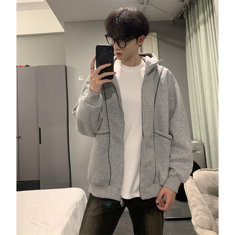 抖音得物高品质秋冬美式高街重磅结构辑明线纹理连帽卫衣外套W111图片