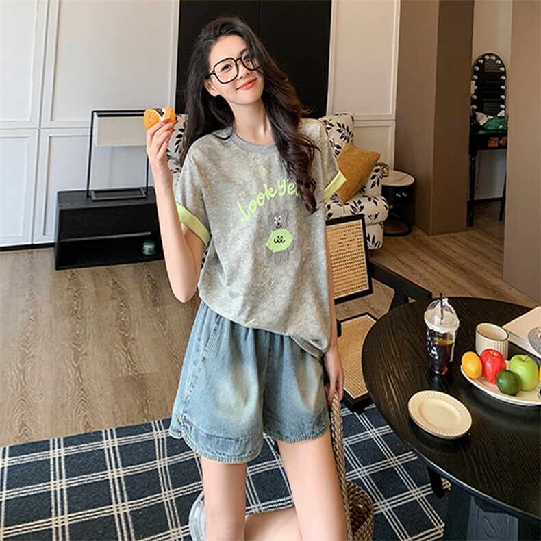 女夏新休闲运动时尚套装洋气百搭圆领扎染刺绣短袖牛仔短裤两件套，女装套装/套裙，江南