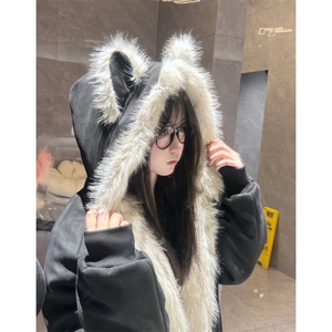 现货重磅硬挺boxy羽绒棉衣座山雕猫耳大毛毛领麂皮棉服冬外套图片