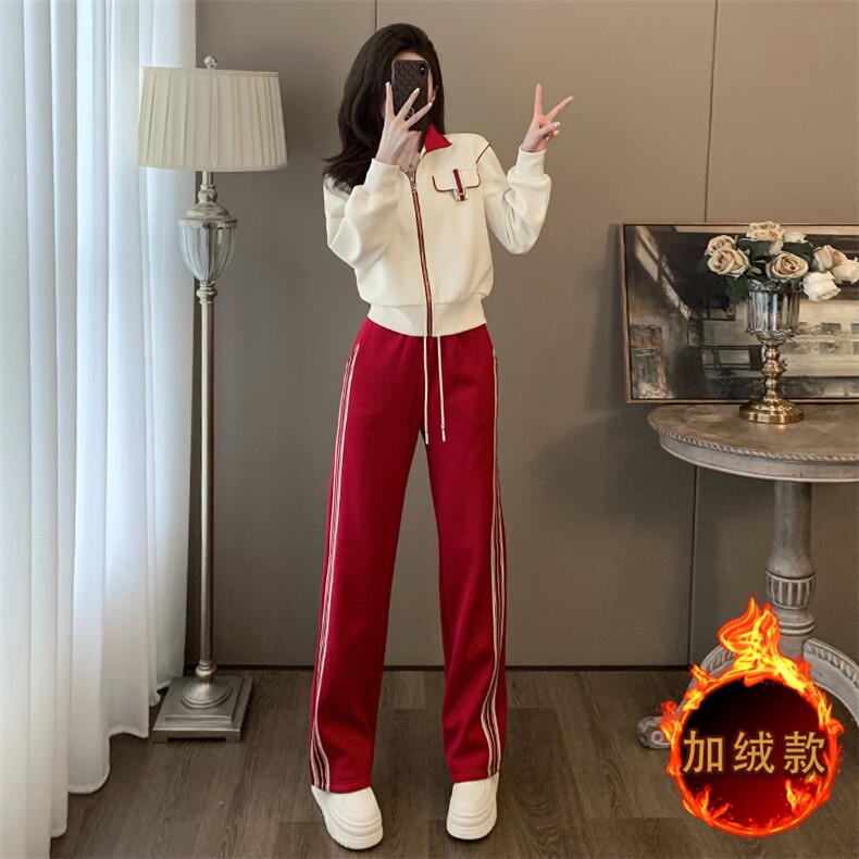 女秋冬新款加绒撞色拉链开衫卫衣两件套图片