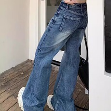 复古水洗微喇叭牛仔裤女夏季新款设计感低腰宽松阔腿显瘦直筒裤子，男装牛仔裤，星座1210-1
