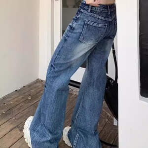 复古水洗微喇叭牛仔裤女夏季新款设计感低腰宽松阔腿显瘦直筒裤子图片