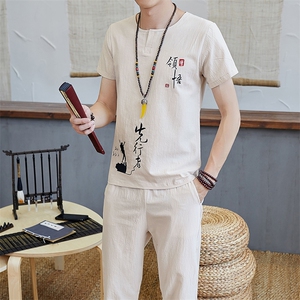 夏季风棉麻套装男短袖T恤唐装潮流汉服复古休闲套装TZ023