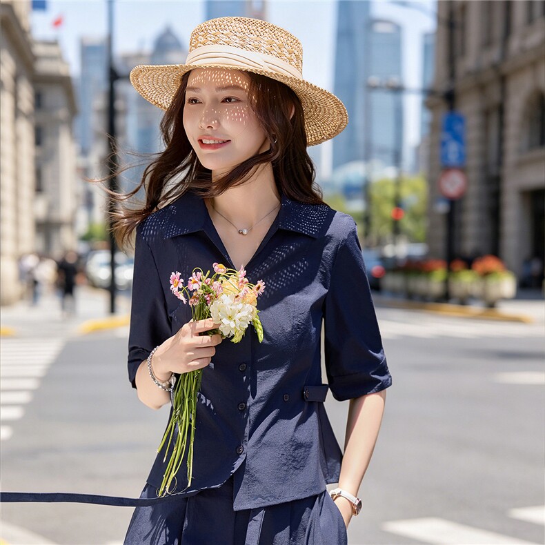 气质大方得体裙裤套装女2026夏新款时尚减龄V领职场风两件套,女装套装/套裙,水衣源