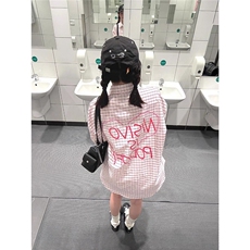 潮牌粉色格子POLO领防晒衬衫女春夏开衫设计感修身显瘦百搭衬衣，男装防晒衣，星座506A