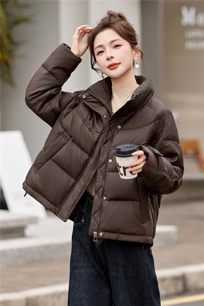 现货！无帽立领保暖白鸭绒羽绒服女PU皮免洗上衣,女装羽绒服,沐七七