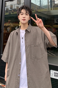 格子短袖衬衫男夏季新款港风宽松纯棉衬衣DX101-P35图片