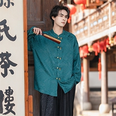新中式缎面海水江崖提花（竹福系）铜扣竹叶扣盘扣立领长袖衬衫，男装衬衫，星座305A（原312A-1）
