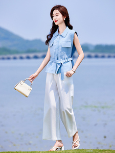 高级感时尚套装女气质无袖衬衫夏季新款收腰显瘦阔腿裤休闲两件套图片