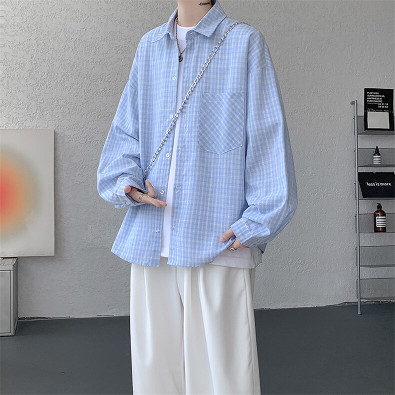 衬衫男秋季新款港风宽松格子长袖衬衫CS802-特P28，男装衬衫，星座214-3