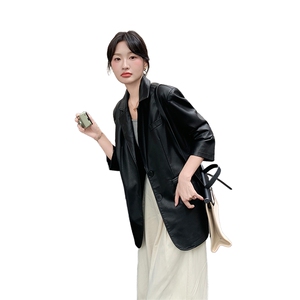 设计感撞色拼接皮衣外套女秋季流行炸街西装式pu皮夹克西服爆款图片
