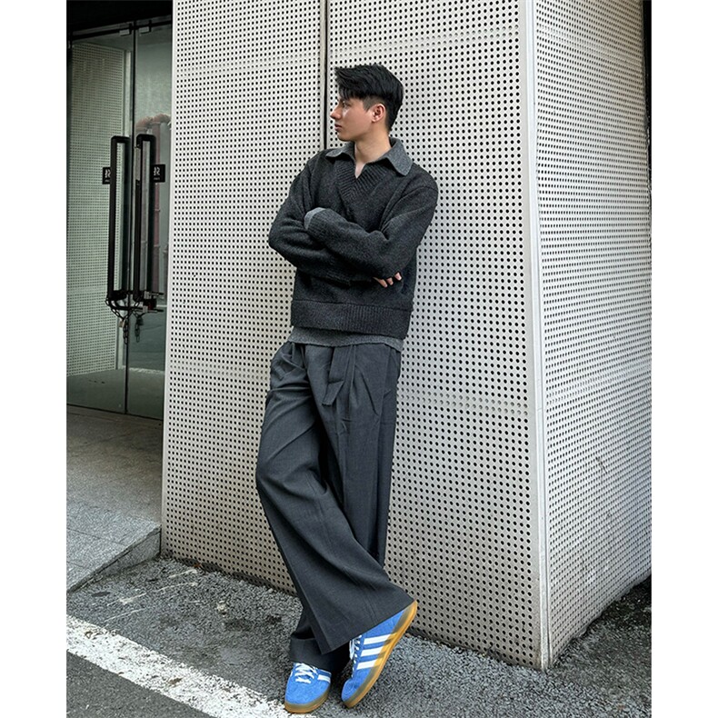 重磅北极绒假两件衬衫领毛衣美式高街复古休闲慵懒纯色翻领针织衫，男装针织衫/毛衣，电商A486-1