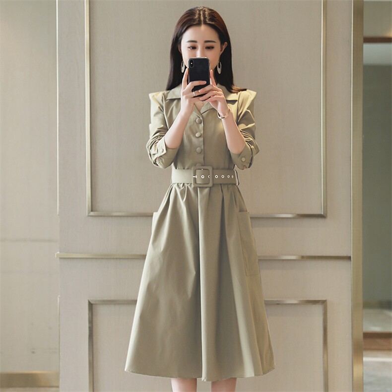 风衣式连衣裙女中长款2025春秋新款修身长袖收腰显瘦气质衬衫裙子，女装连衣裙，铭街依杨