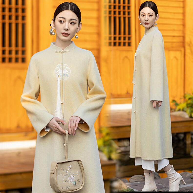 新中式国风双面羊毛大衣女2024春秋新款高端刺绣禅意汉服毛呢外套,女装毛呢外套,芷墨服饰