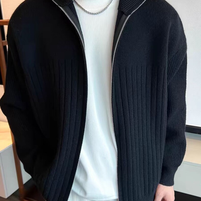简约高级感纯色拉链开衫男复古慵懒宽松针织衫高领毛衣图片
