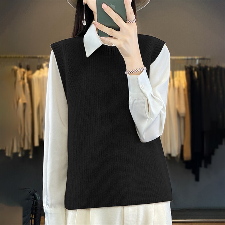 时尚百搭黑色无袖针织马甲女秋冬季新款宽松显瘦毛衣背心外套，女装马甲，羿纯羊绒
