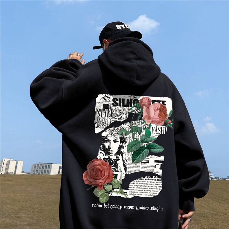 ！秋季重磅宽松大码港风玫瑰印花连帽卫衣LW107-特p35,男装卫衣,星座508（原C305）