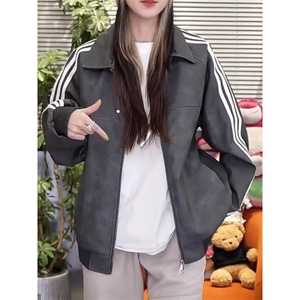 FFY2172-P69 美式复古条纹夹克男女秋季情侣宽松高级感皮衣外套图片