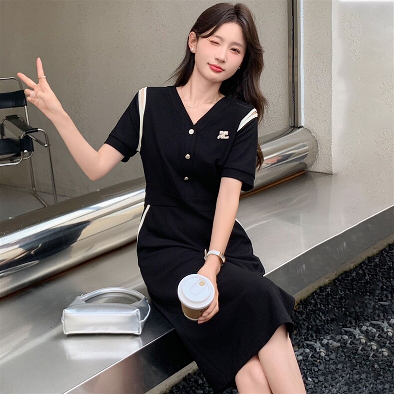2025夏季新款韩版气质修身显瘦短袖连衣裙,女装连衣裙,超帛