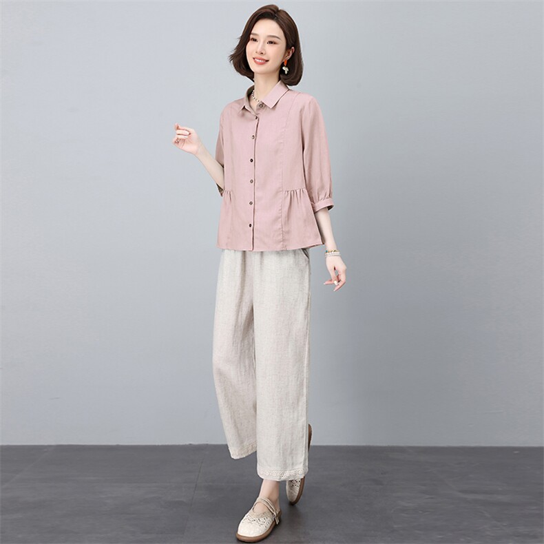天丝亚麻套装2025夏季新款时尚减龄妈妈气质两件套,女装套装/套裙,忆绮罗