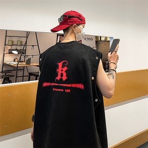港风夏装新款麂皮绒印花可拆卸圆领宽松短袖T恤男背心潮 D286 P38图片