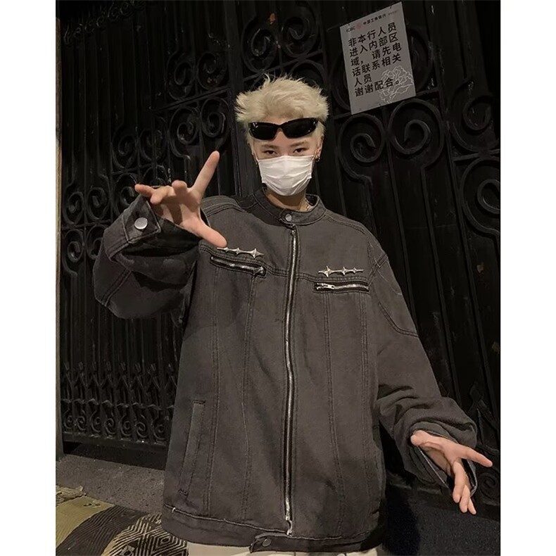 档口有货做旧水洗垫肩短款拼接牛仔外套金属设计感夹克男8840P73,男装夹克,星座410-2