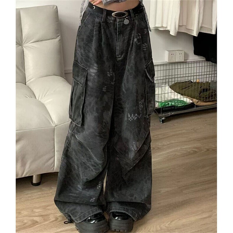 复古高街设计感蛇纹多口袋工装牛仔裤女高腰坠感宽松阔腿裤子,男装牛仔裤,星座1116A（原606A-3）