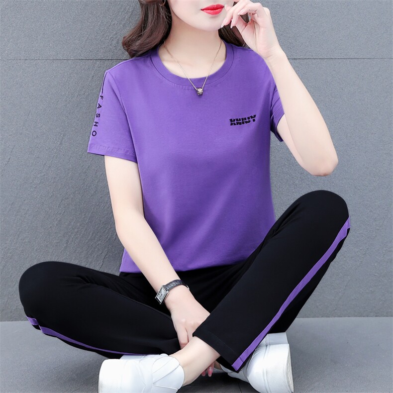 燕颉纯棉运动服套装女夏季薄款2023新款时尚休闲洋气妈妈两件套,女装运动套装,燕颉服饰