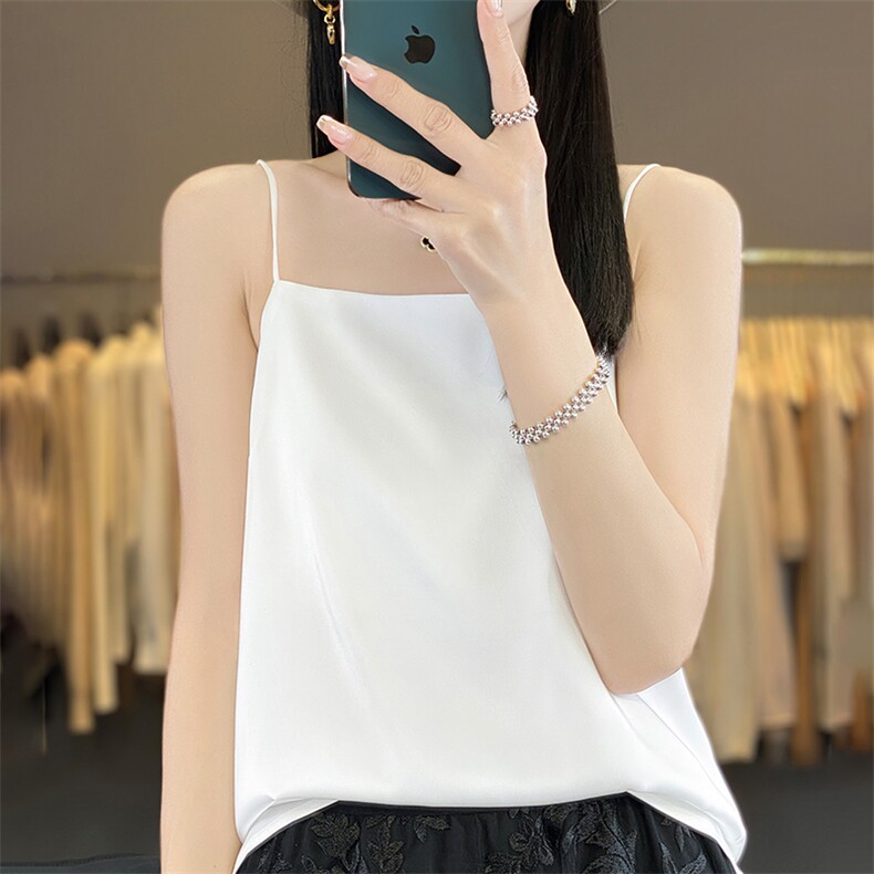 夏季新款醋酸真丝绸面一字领吊带女宽松百搭无袖背心纯色套头上衣，女装背心吊带，朝贺羊绒