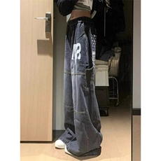 美式复古字母印花牛仔裤男女秋季新款高街松紧腰阔腿直筒裤NZX54，男装牛仔裤，星座516A