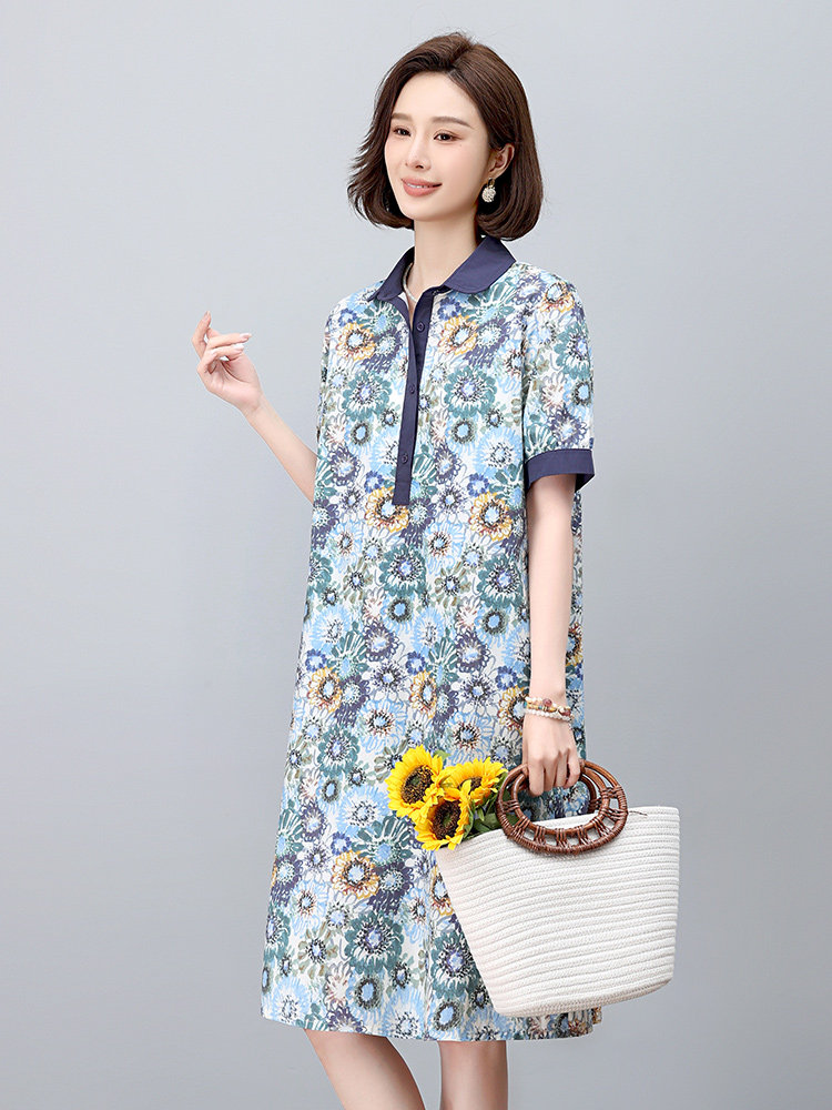 现货2025年夏文艺优雅印花休闲连衣裙,女装连衣裙,依恋蒂丝