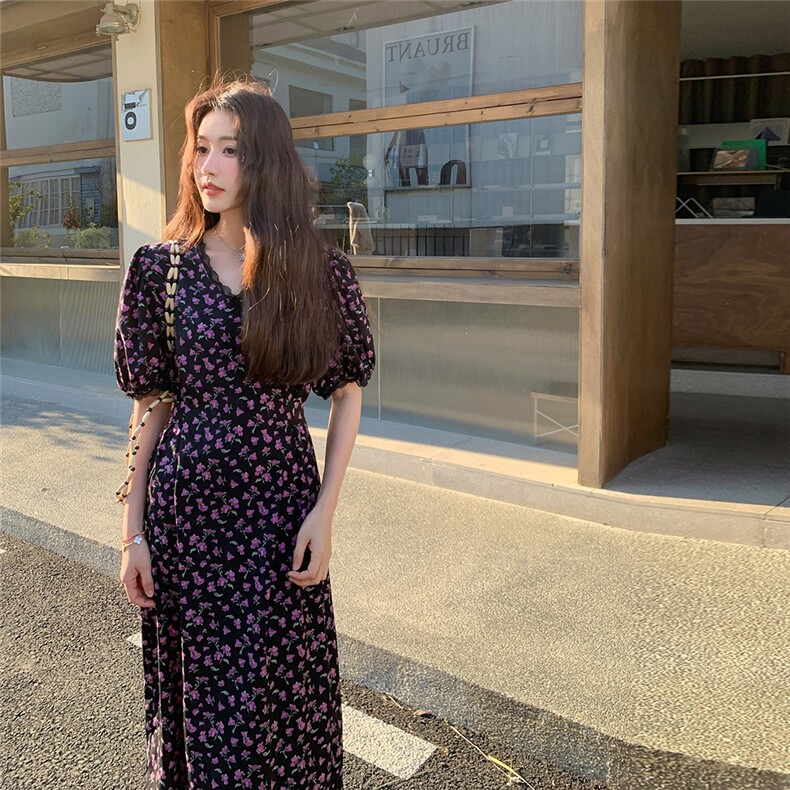 法式黑色碎花连衣裙茶歇女夏季2025新款收腰显瘦气质长裙图片