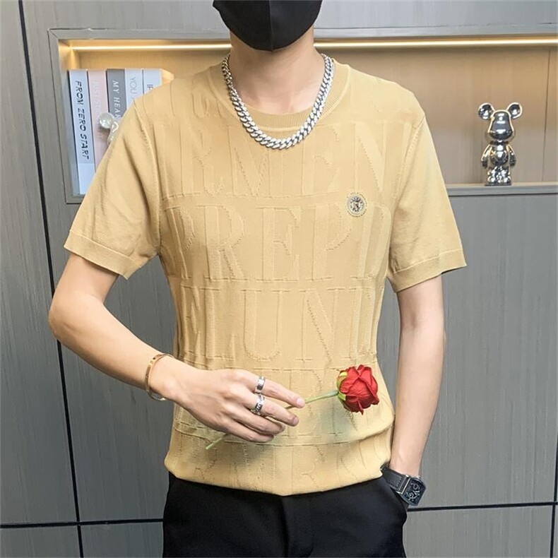 1970-P60社会小伙针织衫短袖男士毛衣春秋潮流修身圆领半袖打底衫，男装针织衫/毛衣，电商D310B-1