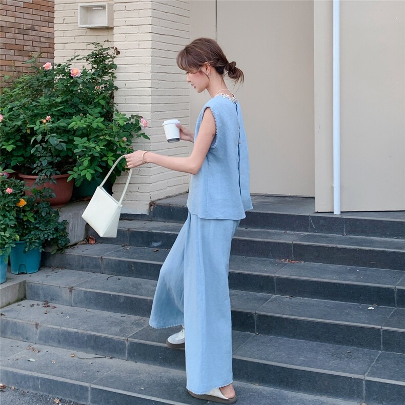 蓝色无袖上衣阔腿裤两件套女2025年夏季新款韩系气质休闲显瘦套装,女装套装/套裙,2C307